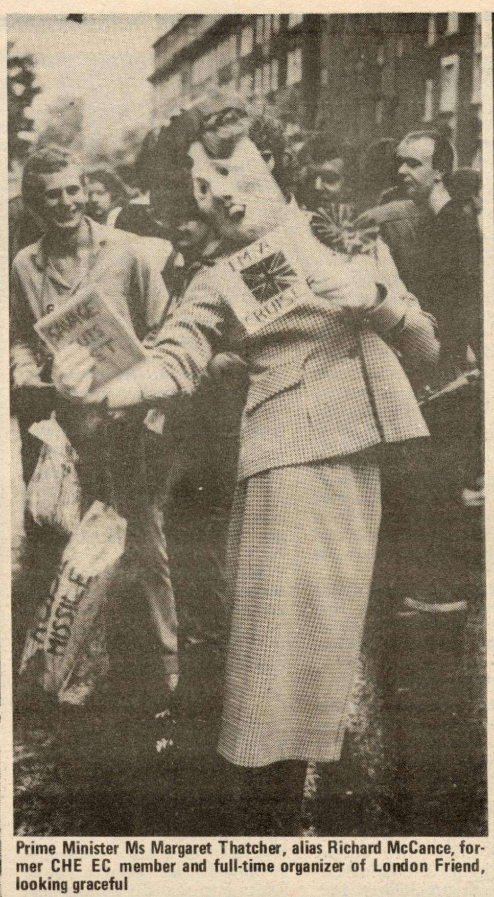 Image of organiser of London Friend Richard McCance dressed as Prime Minister Margaret Thatcher